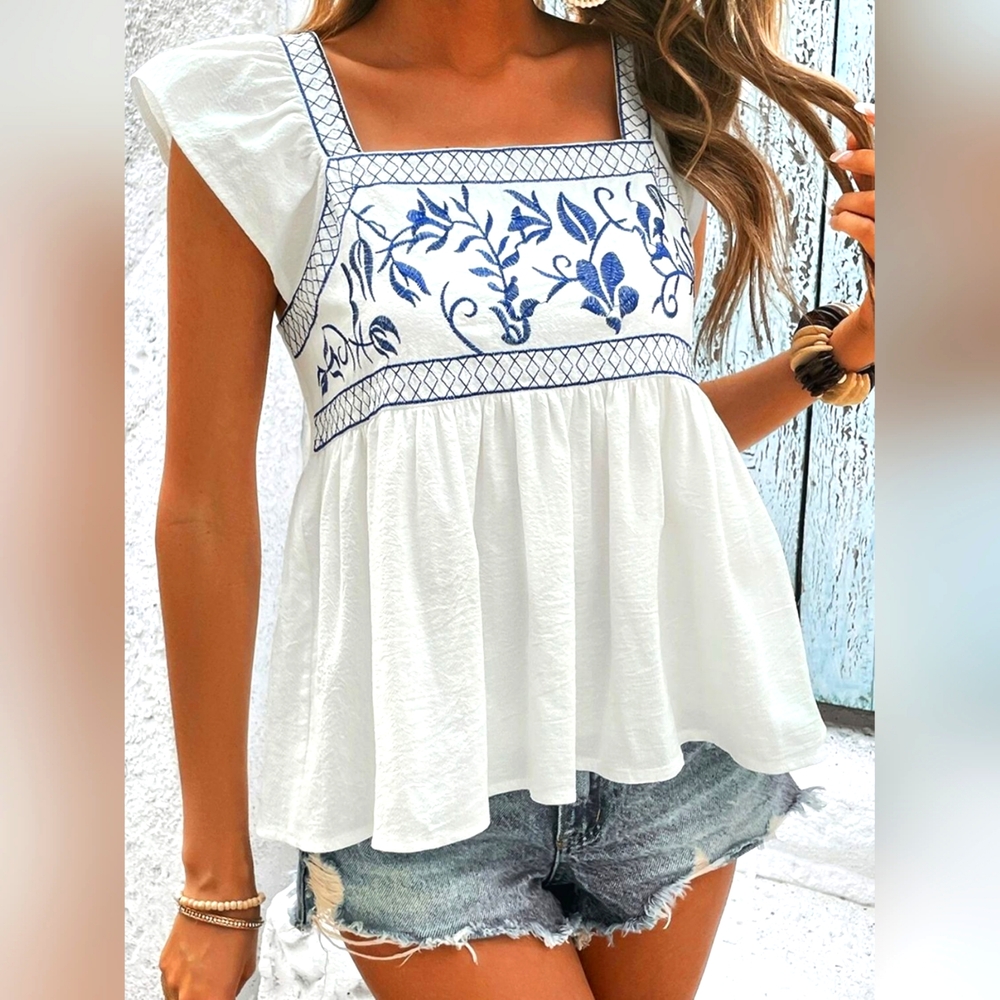 Tied Embroidered Ruffled Square Neck Cap Sleeve Blouse